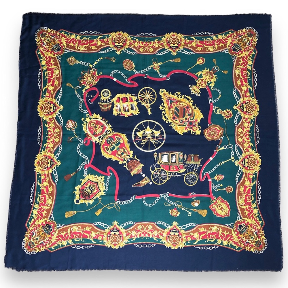 LARGE Vintage Italy Scarf Carriage Ride Dark Green Navy Blue Gold Tassels Fringe